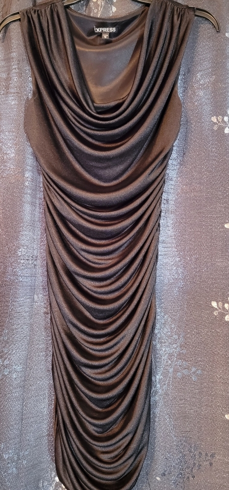 XS Express black shimmery ruched fitted dress. Never worn, no tags.